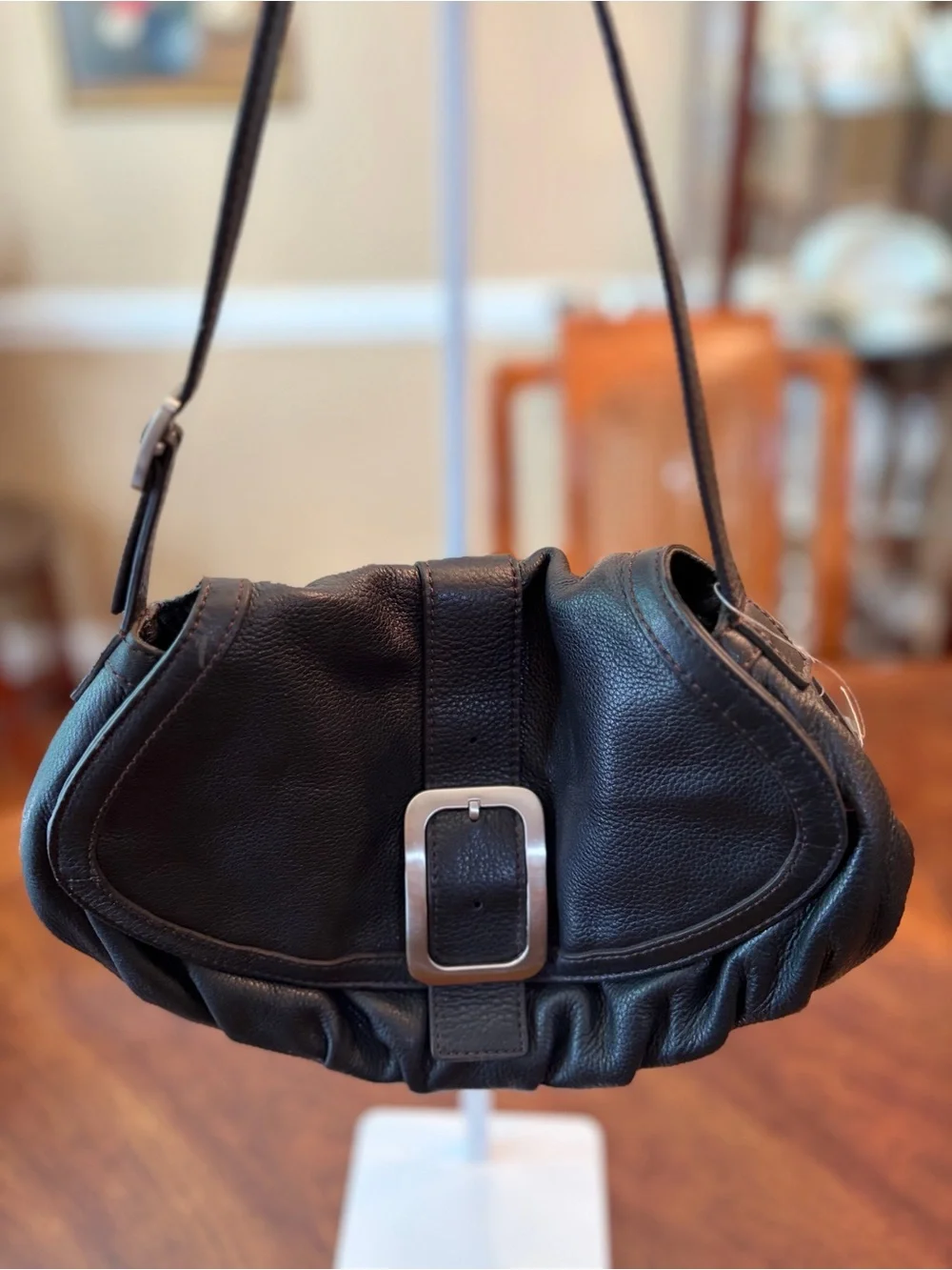 Cole Haan Small Flap Bag Black Leather w/ Silver Buckler